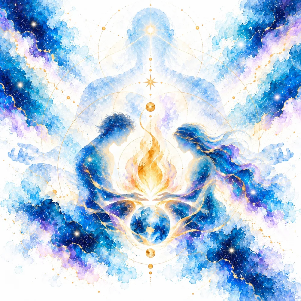 Watercolor of two figures tending a golden flame above the Earth, held within a larger luminous figure and a starry sky