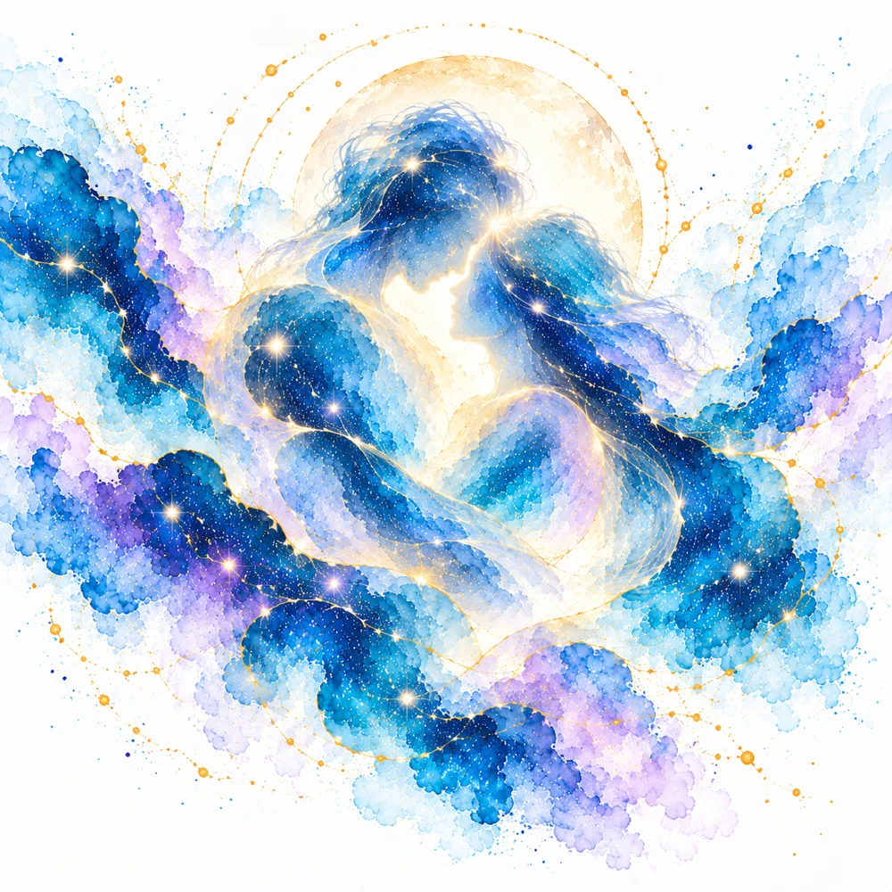 Watercolor of two figures embracing, woven from blue and violet starry clouds, before a golden moon