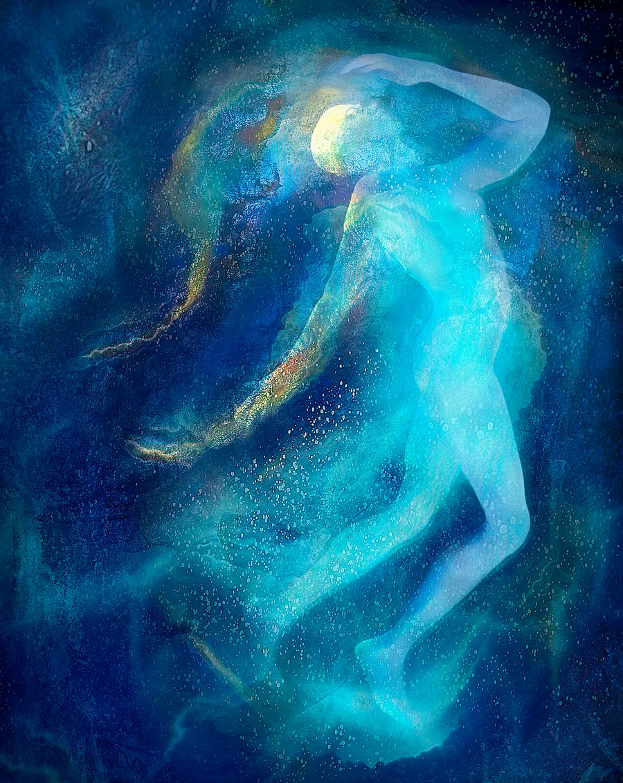 Painting of a luminous figure dissolving into a deep blue, star-flecked sky