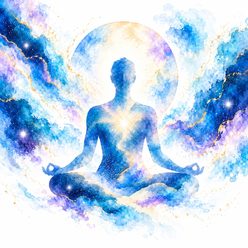 Watercolor of a seated figure in meditation, filled with a starry blue night sky, before a pale moon